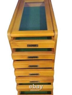 Wood Glass Display Case Cabinet Pen Knife Coin 7 Drawer Storage Collection