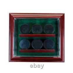 Wood Hockey Puck Cabinet Display Case with UV Protected Glass up to 6 Pucks
