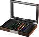 Wood Pen Display Box 10 Pen Organizer Box Glass Top Lid Case Storage Box Ebony