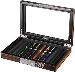 Wood Pen Display Box 10 Pen Organizer Box Glass Top Lid Case Storage Box Ebony