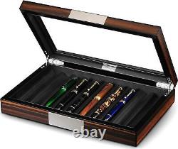 Wood Pen Display Box 10 Pen Organizer Box Glass Top Lid Case Storage Box Ebony