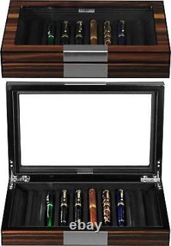 Wood Pen Display Box 10 Pen Organizer Box Glass Top Lid Case Storage Box Ebony