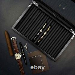 Wood Pen Display Box 10 Pen Organizer Box Glass Top Lid Case Storage Box Ebony