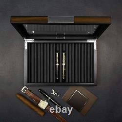 Wood Pen Display Box 10 Pen Organizer Box Glass Top Lid Case Storage Box Ebony