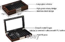 Wood Pen Display Box 10 Pen Organizer Box Glass Top Lid Case Storage Box Ebony