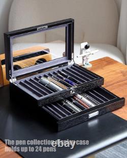 Wood Pen Display case 24 Slot Fountain Pen Box Storage Organizer with Drawer