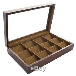 Wood Pocket Watch Case. Vintage Finish Storage Glass Top Display. Holds 12 Watches