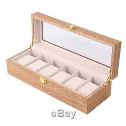Wood Watch Box Organizer Glass Display Top 6 Grids Jewelry Display Case Tray