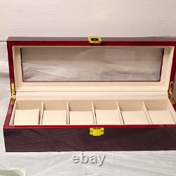 Wood Watch Storage Box with Glass Display Lid, 6 Slots, Brown/Red