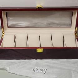Wood Watch Storage Box with Glass Display Lid, 6 Slots, Brown/Red