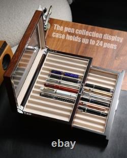 Wood pen display case 24 slot Fountain pen Box storage Organizer with drawer