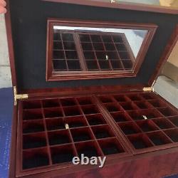 Wooden Hinged Jewelry box Lift Out Trays Lined Compartments Rings Bracelets Etc