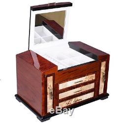 Wooden Jewelry Case 4 Layers With3 Drawer Storage Box Organizer Display Christmas