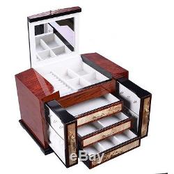 Wooden Jewelry Case 4 Layers With3 Drawer Storage Box Organizer Display Christmas