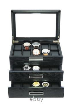 Wrist Watch Oak Wood Storage Display Box Display Case Chest Cabinet 30 Watches