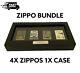 Zippo Lighter Display Case + 4 Lighters Collectables Smoking Supplies Gift New