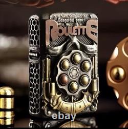 Zippo Roulette Lighter With Brass Heavy 3D Engraving & Wood Display Case